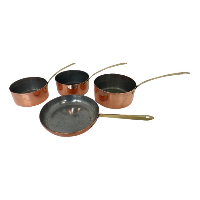 Polished Copper Pots and Pan with Brass Handles from Tagus, Portugal, Set of 4 For Sale