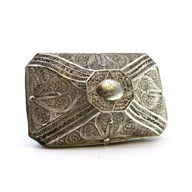 Silver Filigree Box with Reliefs and Monogram Plaque Lid For Sale - Image 4 of 8