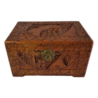 Vintage Asian Hand-Carved Camphor Wood Jewelry Box With Village Scene & Brass Hardware For Sale