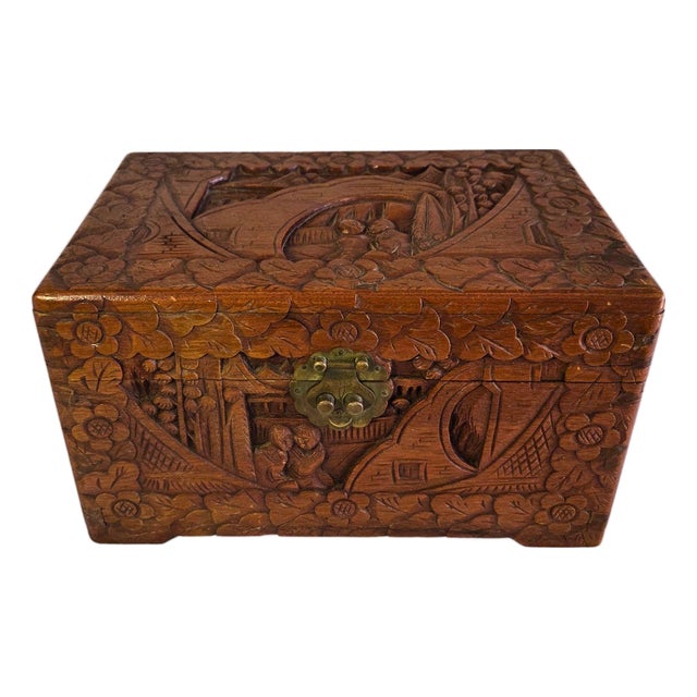 Vintage Asian Hand-Carved Camphor Wood Jewelry Box With Village Scene & Brass Hardware For Sale