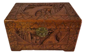 Vintage Asian Hand-Carved Camphor Wood Jewelry Box With Village Scene & Brass Hardware