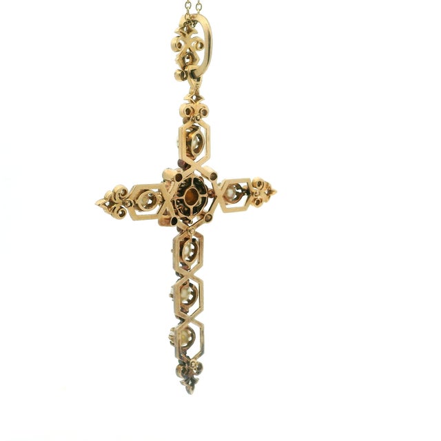 Victorian 14k Rose Gold Pearl & Old Mine Diamond Cross Pendant, C. 1890 For Sale - Image 9 of 13