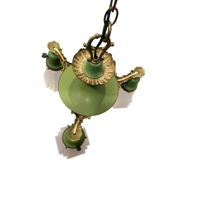 Antique Art Deco Brass Pan 3 Light Chandelier Ceiling Light 1920s Green & Gold For Sale - Image 11 of 12
