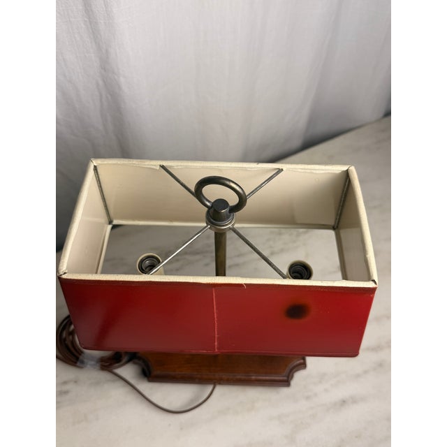 Red Vintage 2-Light French Bouillotte Style Table Lamp With Red Shade, Antique Brass & Wood Desk Lamp For Sale - Image 8 of 17