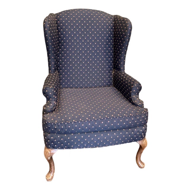 Navy Diamond-Print Wingback Chair For Sale
