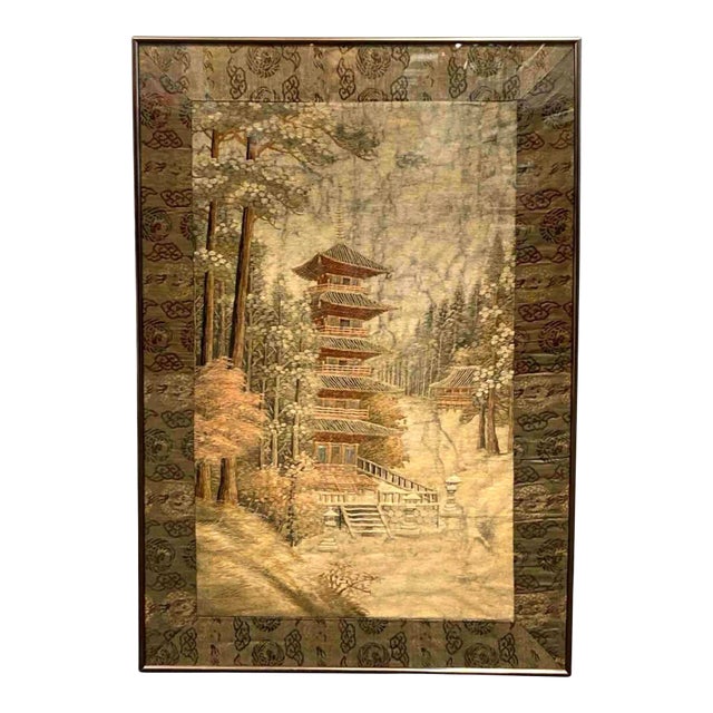 Early 20th Century Japanese Embroidery Textile Pagoda Scenery Panel For Sale