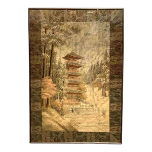 Early 20th Century Japanese Embroidery Textile Pagoda Scenery Panel