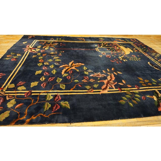 Navy Blue Beautiful Botanical Pattern With Navy Background Color Antique Chinese Art Deco Rug For Sale - Image 8 of 12
