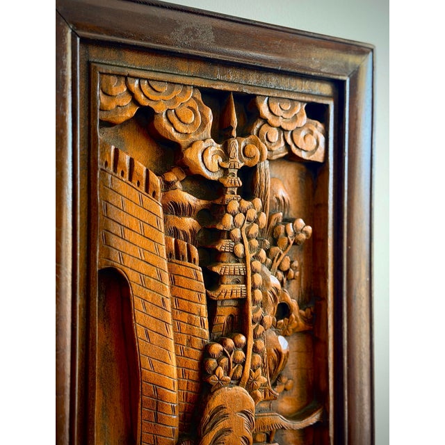 Brown Striking Vintage Chinese Teak Relief Carving Wall Panel Chinoiserie Hollywood Regency Asian Wall Sculpture For Sale - Image 8 of 12
