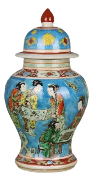 Antique Chinese Ceramic Pot Qing Dynasty Yongzheng Marked Blue Ground Famille Rose Porcelain Ginger Jar Hand Painted Court Ladies Pattern