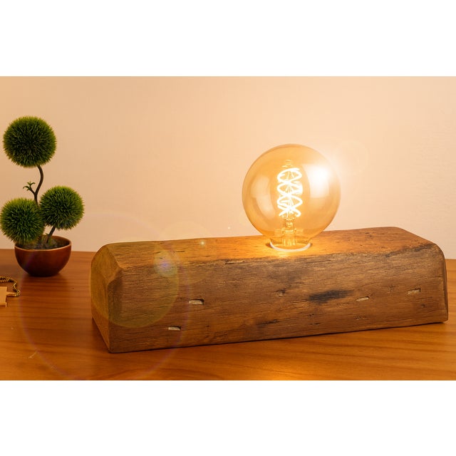 Contemporary Handmade Modern Solid Natural Reclaimed Wood Edison Filament Lamp Desk Table Top With Switch Key For Sale - Image 3 of 8