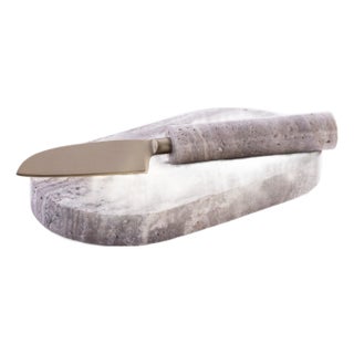 Albora Marble Cutting Board with Knife, Beige Travertine For Sale