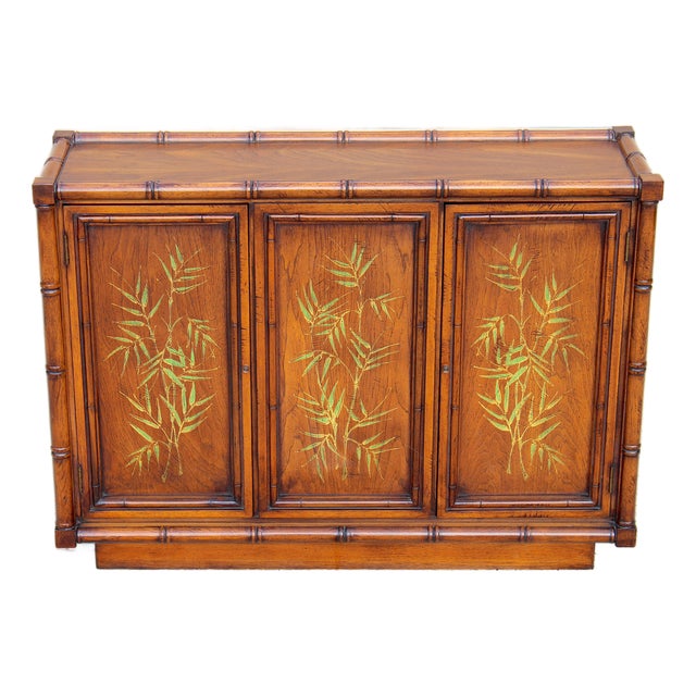 Vintage Brandt Embassy Collection Hollywood Regency Faux Bamboo Credenza Cabinet With Hand-Painted Bamboo Motif – Asian Chinoiserie Sideboard Console For Sale