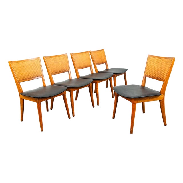 Mid Century Modern Dining Chairs Set 5 Cane Vintage Black Oak Wood Vintage MCM For Sale