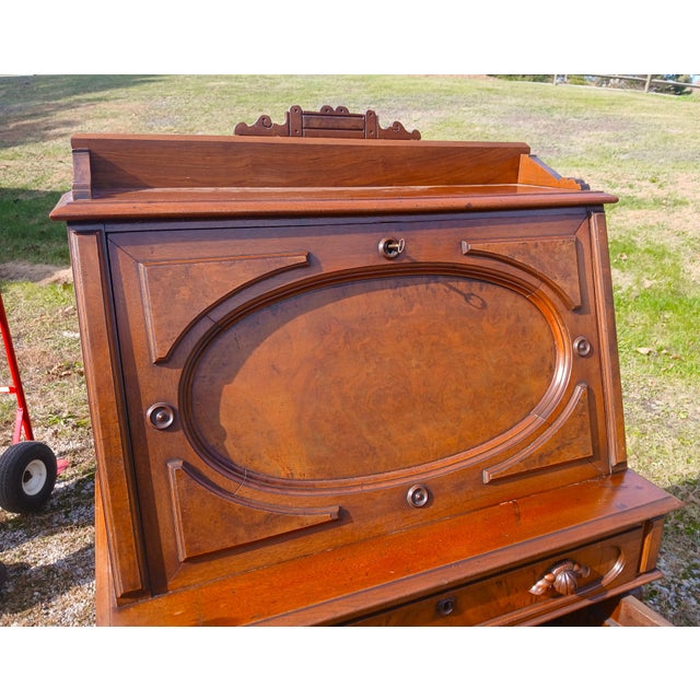 Victorian Antique Walnut Victorian Ladies Slanted Drop Front Desk With Working Locks and Keys 1870s For Sale - Image 3 of 17
