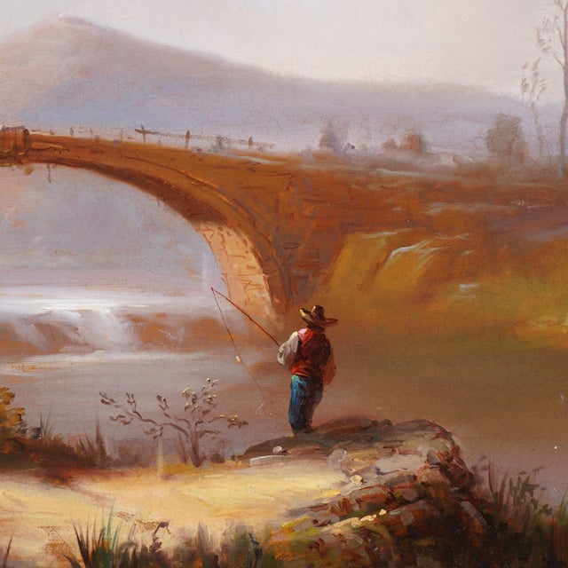 Oil on canvas of an idyllic summer landscape. The composition centers on a lone tree next to a stone bridge over a small...