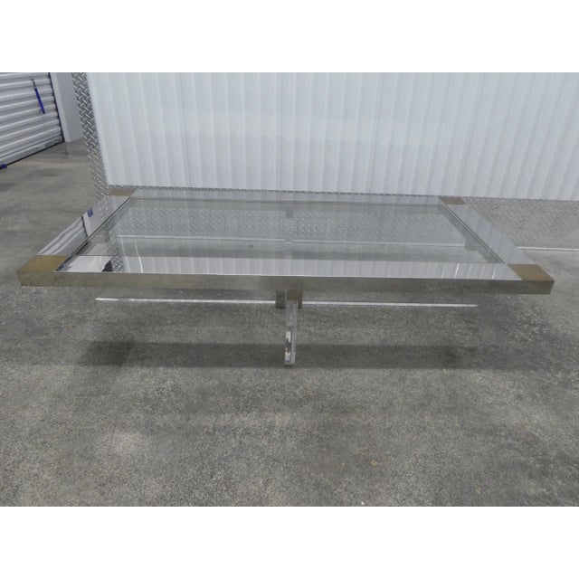 Superb Stainless Steel , Brass and Lucite Rectangular Coffee Table sold as found in vintage condition without damage.