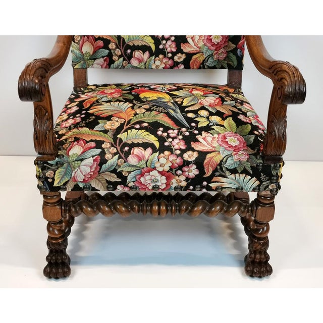 Antique Louis XIII and Renaissance Walnut Armchairs with Parrot Upholstery, 1890s, Set of 2 For Sale - Image 5 of 18