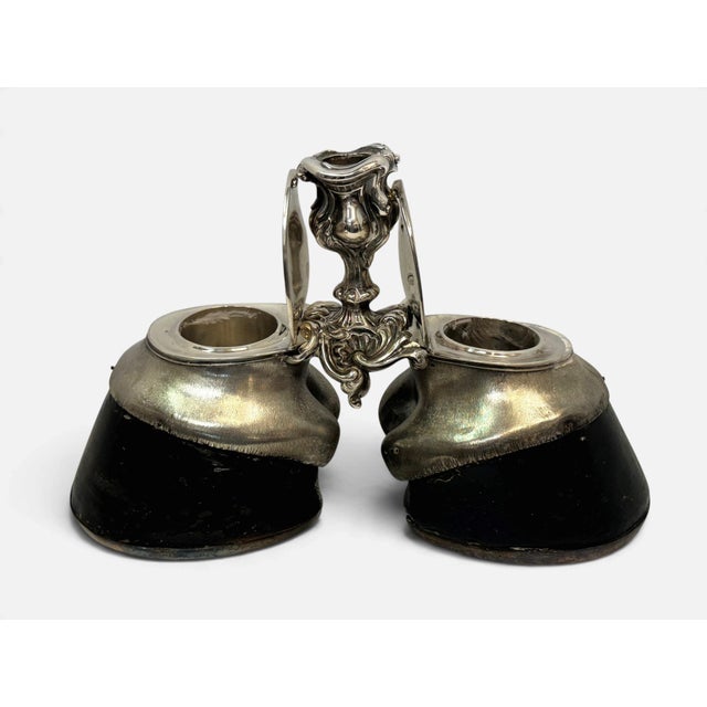 Antique Edwardian Sterling Silver Double Horse Hoof Inkwell Desk Stand For Sale - Image 4 of 15