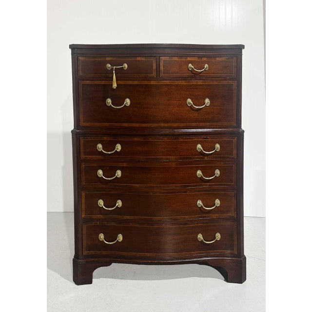 Traditional 1960s Georgian Banded Mahogany Highboy Dresser by Kindel For Sale - Image 3 of 12