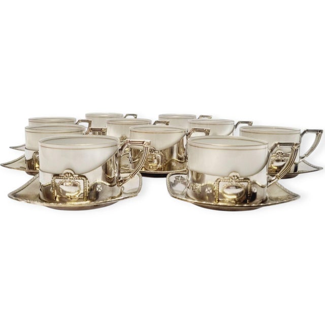 Art Deco Silver-Plated Argentor Tea Set with Karlsbad Porcelain Liners, 1930s, Set of 20 For Sale - Image 3 of 18