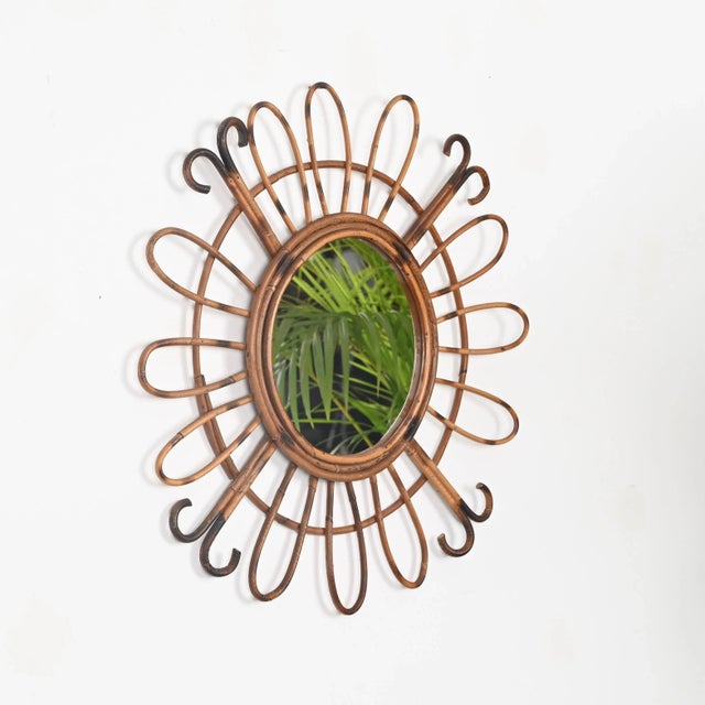 Mid-Century French Riviera Round Sunburst Mirror in Curved Rattan, France, 1970s For Sale - Image 3 of 11
