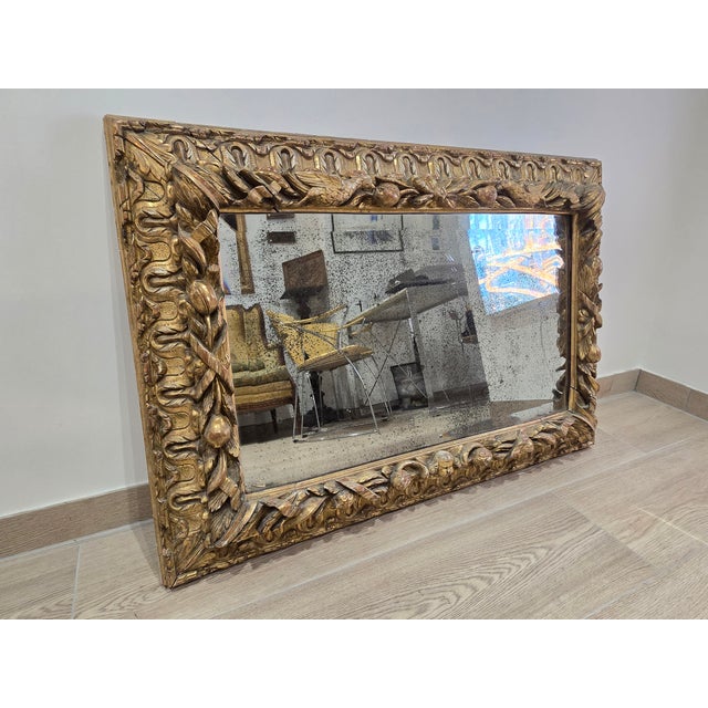 18th Century Mirror in Carved Gilt Wood Decorated with Birds, Fruit and Cherub, 1780 For Sale - Image 6 of 18