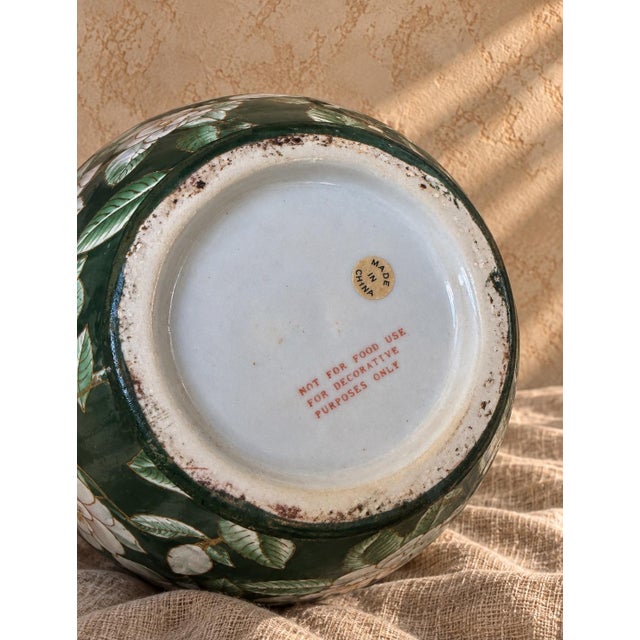 Chinoiserie Vintage Green Chinoiserie Ginger Jar With Carved Wood Pedestal For Sale - Image 3 of 3