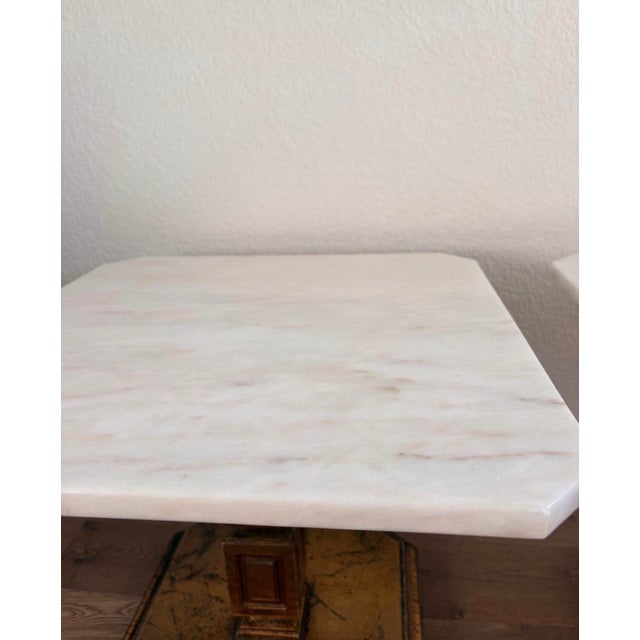 Hollywood Regency Pair of Vintage Hollywood Regency Gilt Pedestal Tables With Marble Tops For Sale - Image 3 of 9