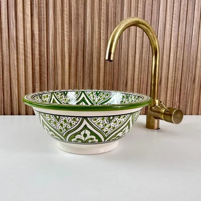 Moroccan Green Ceramic Countertop Round Handmade Sink for Bathroom For Sale - Image 3 of 8