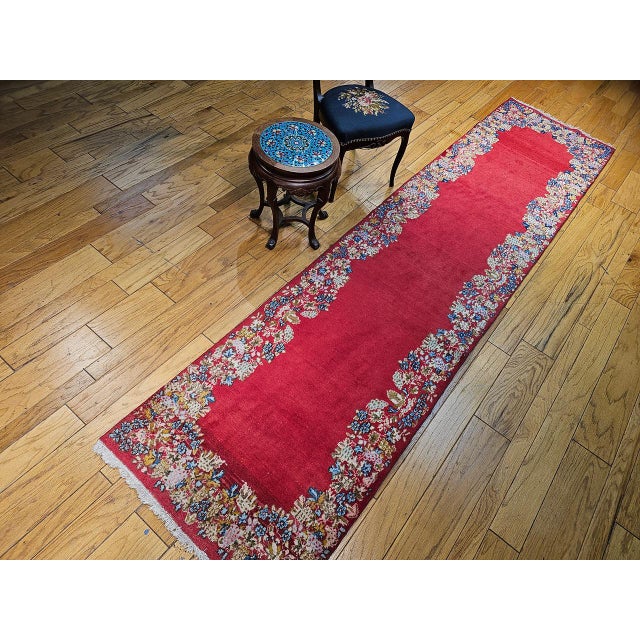 Vintage Persian Kerman Runner Rug, Hand-Knotted Wool, Floral Design, Red & Yellow, 3x13 For Sale In Chicago - Image 6 of 15