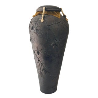 Large Vintage Hand Thrown Fine Art Pottery Vessel Depicting Pine Trees in Raku by Jeff Patterson For Sale