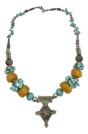 Tribal Moroccan Berber Turquoise and Yellow Stone Necklace With Antique Pendant