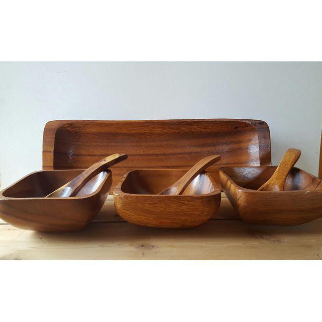 1970s Boho Chic Wooden Serving Dishes and Spoons on Tray 7 Piece Set