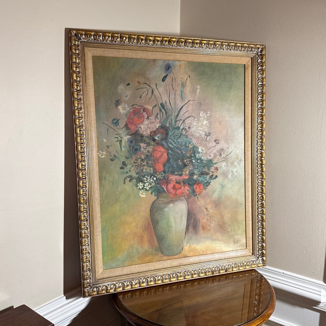 Mid-Century Modern Vintage French Floral Still Life Oil Painting in Ornate Gold Frame ~ Signed Dixie 1972 For Sale - Image 3 of 12