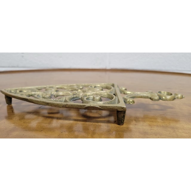 Metal Vintage Brass Openwork Iron Rest Trivet For Sale - Image 7 of 10