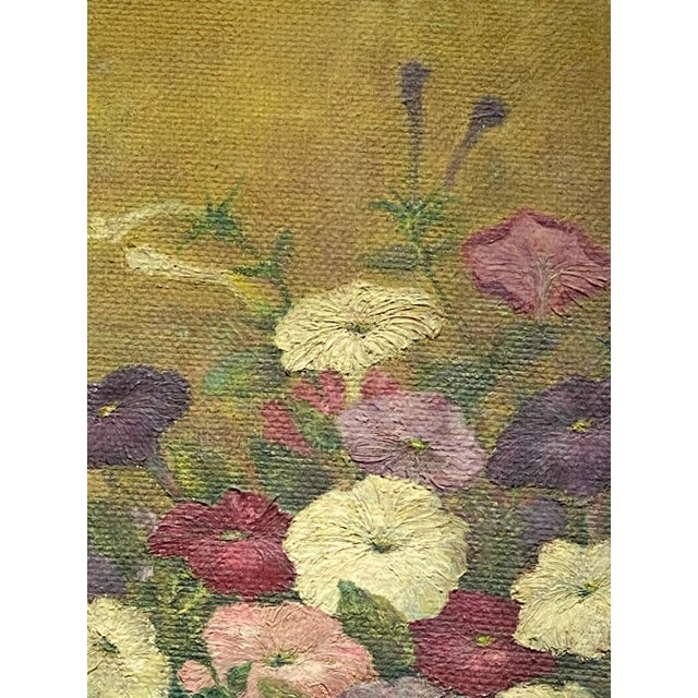 Early 20th Century “Petunias Floral Still Life” Oil Painting on Board Artist B Dyer For Sale - Image 4 of 13