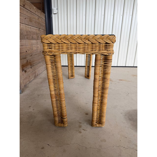Contemporary Vintage Handwoven Braided Rattan Console Table Glass Insert For Sale - Image 3 of 12