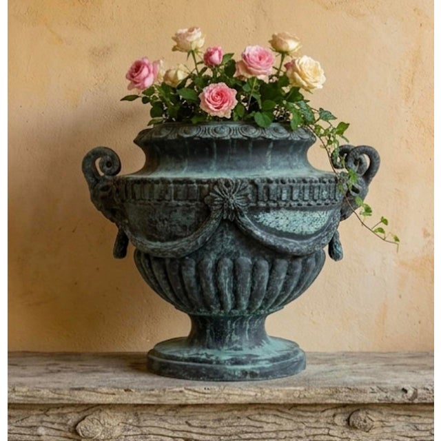 Neoclassical Classical Style Cast Iron Garden Urn With Ram's Head Handles For Sale - Image 9 of 11