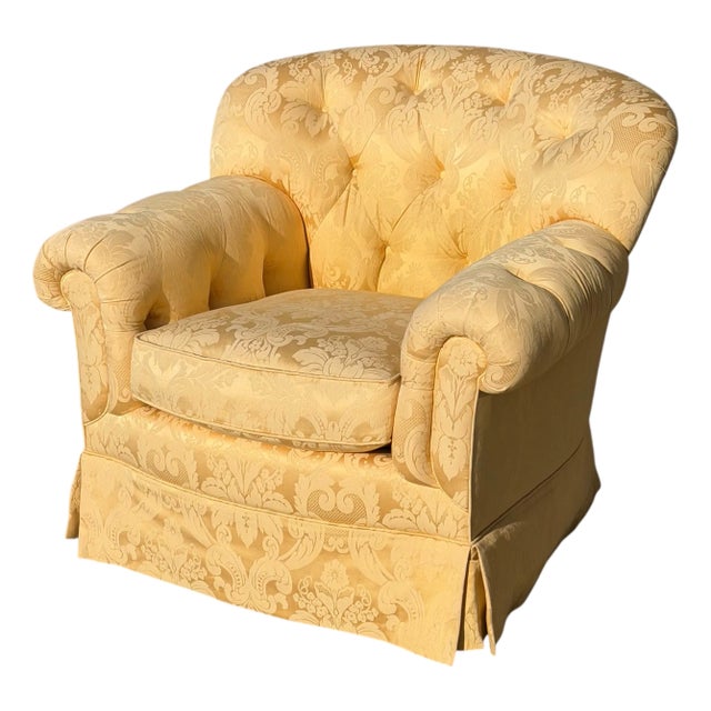 Brunchwig & Fils Yellow Damask Fully Upholstered Roll Arm Club Chair For Sale