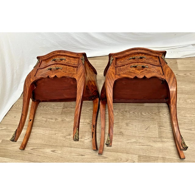 Antique Pair of French Nightstand Tables, Two Drawers, Inlays, Brass Ormolu For Sale - Image 11 of 11