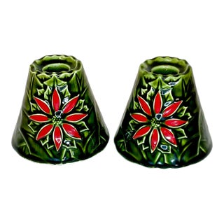 Mid-Century Majolica Americana Christmas Poinsettia Candle Holders - a Pair. For Sale