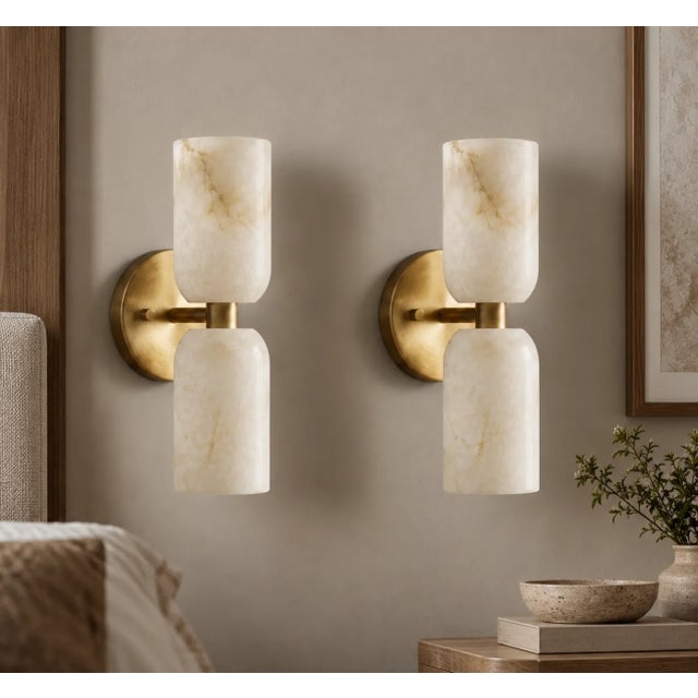 Metal Handcrafted Brass & Natural Alabaster Double Wall Sconces - Pair For Sale - Image 7 of 9