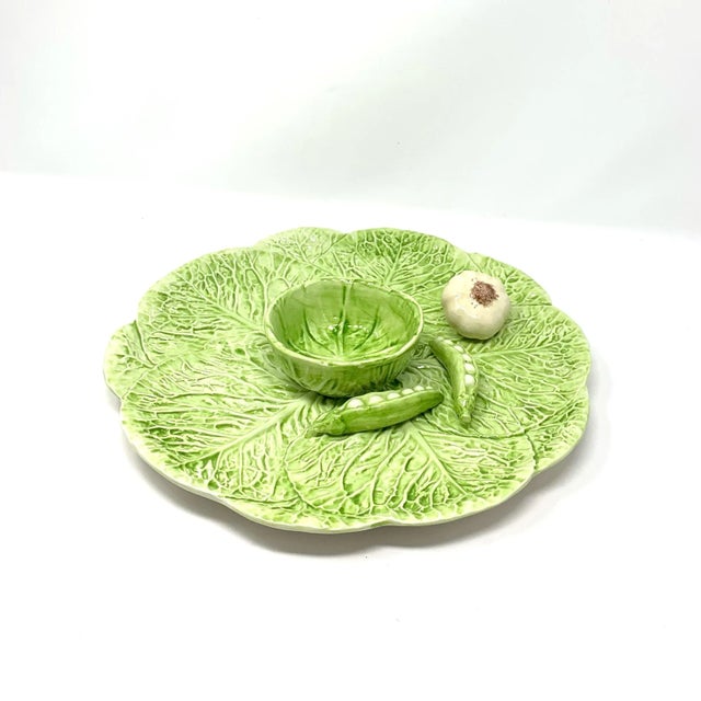 Italian Majolica Ceramic Cabbage Leaf Platter with Peas and Garlic Hand Painted in Italy