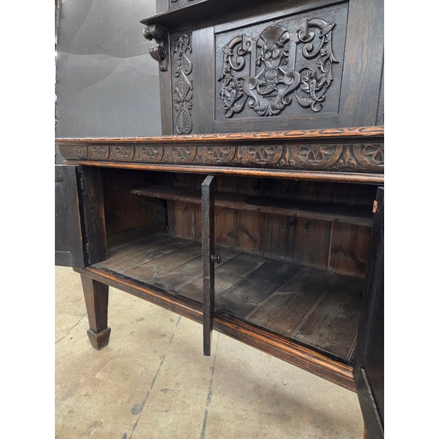 Wood Unique 19th Century Oak Carved English Sideboard/Buffet With Tall Back For Sale - Image 7 of 11