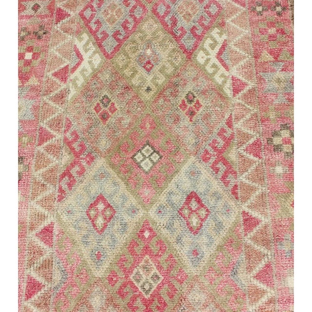 Cerise Geometric Kurdish Design Vintage Runner From Turkey in Pink, Red & Green Colors For Sale - Image 8 of 12