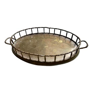 1970s Vintage Hollywood Regency Brass Oval Faux Bamboo Tray With Handles For Sale