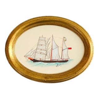 Original Hand-Painted Sailboat Painting in a Vintage Italian Frame For Sale