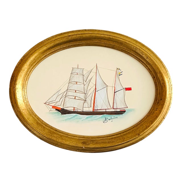 Original Hand-Painted Sailboat Painting in a Vintage Italian Frame For Sale