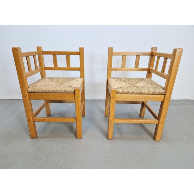Vintage Dutch Art Deco Style Corner Chair in Oak and Rush, 1950s, Set of 2 For Sale - Image 4 of 13